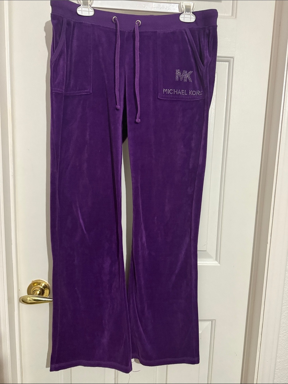 Michael Kors Purple Velour Track Pants with Rhinestone MK Logo
